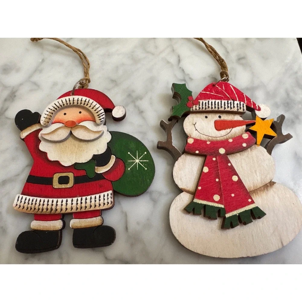 Margies Designs Wooden Christmas Ornaments Set Santa and Snowman Folk Art 2024